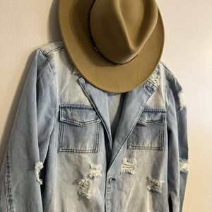 Mens Giovanco Casual Lapel Collar Single Breasted Ripped Denim Raw Trim Jacket S